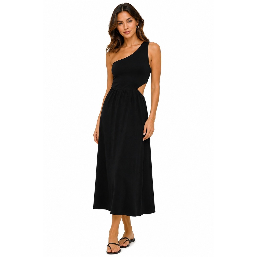 Anrabess Womens Black One Shoulder Smocked Cutout‎ Maxi Dress | Size M